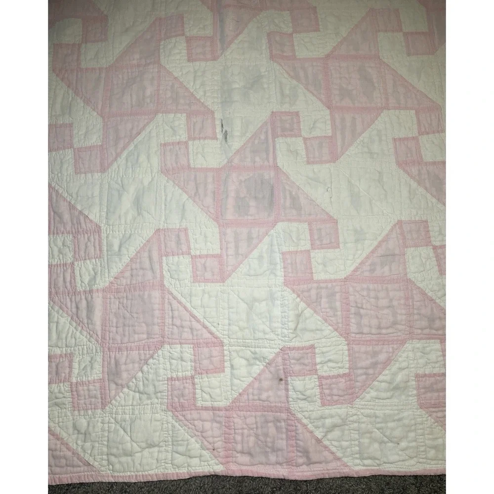 VTG ANTIQUE HANDMADE QUILT 69x69 Drunkard's Path Pink White Cottage 1920's Loved